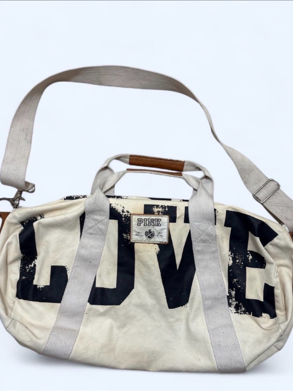 PINK Victoria's Secret Cream Canvas Duffel with Black LOVE Graphic